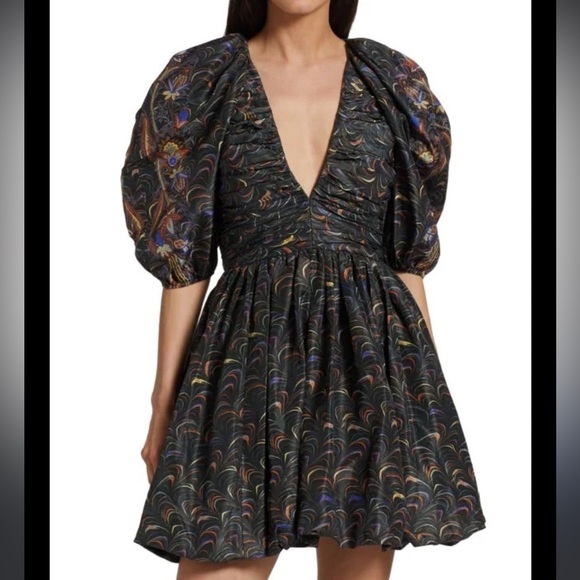 Ulla Johnson- Black Multicolored Obsidian Gwen Puff Sleeve Mini Cocktail Dress - Picture 3 of 6